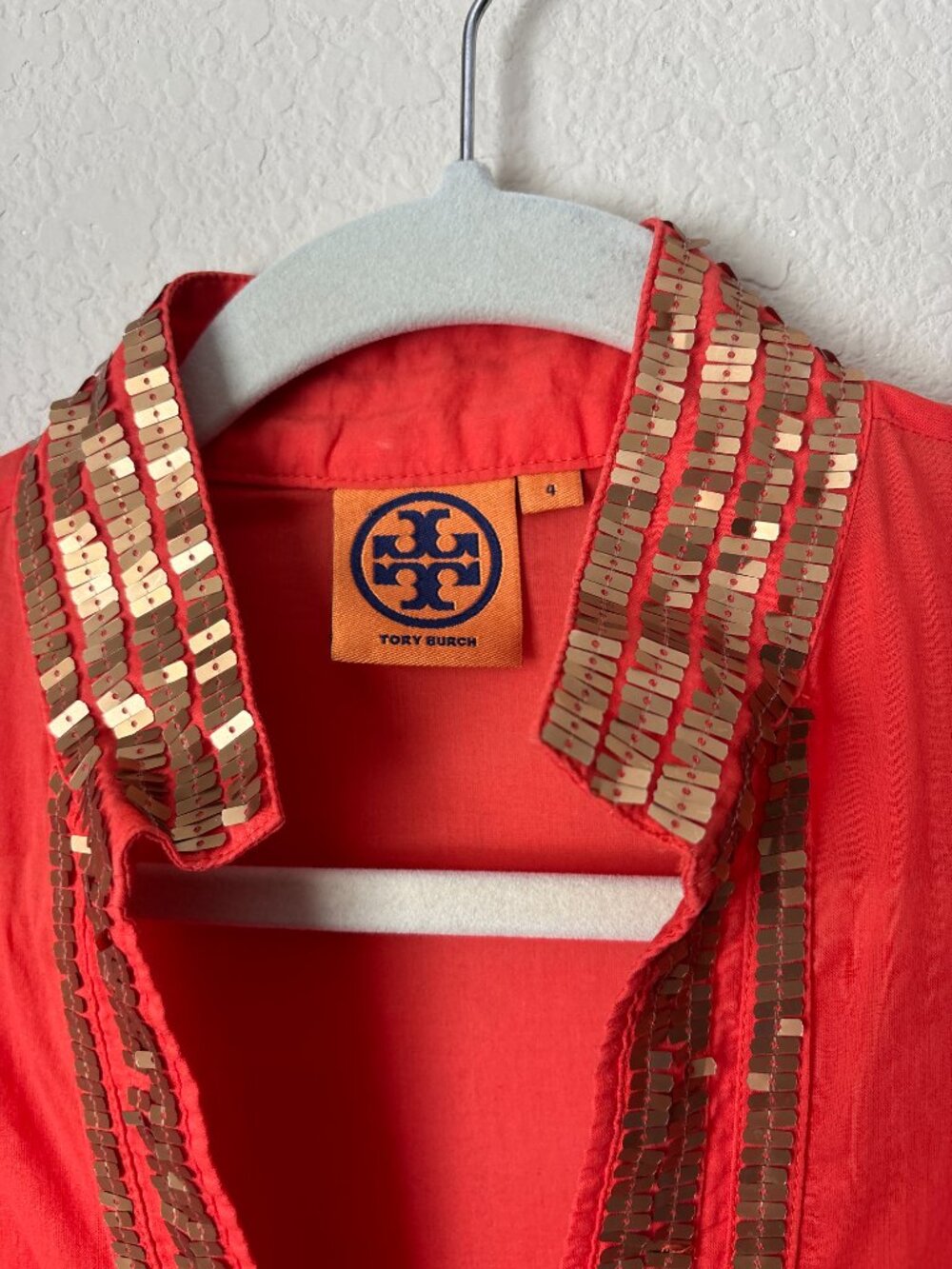 Tory Burch Gold Sequins V-Neck Orange Longline Caftan Tunic - Picture 5 of 13